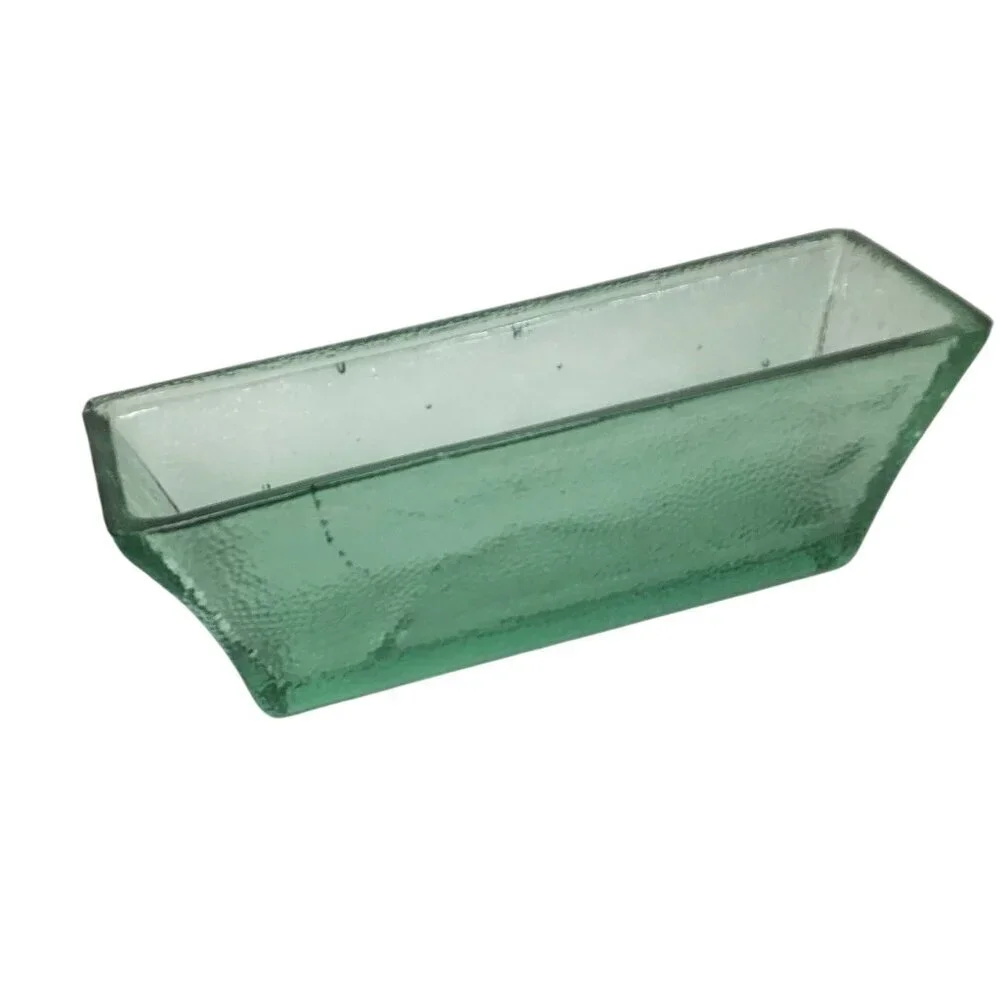 Mid-Century MCM Thick Green Clear Ice Glass Container Heavy 11.75 x 4 Pebbled